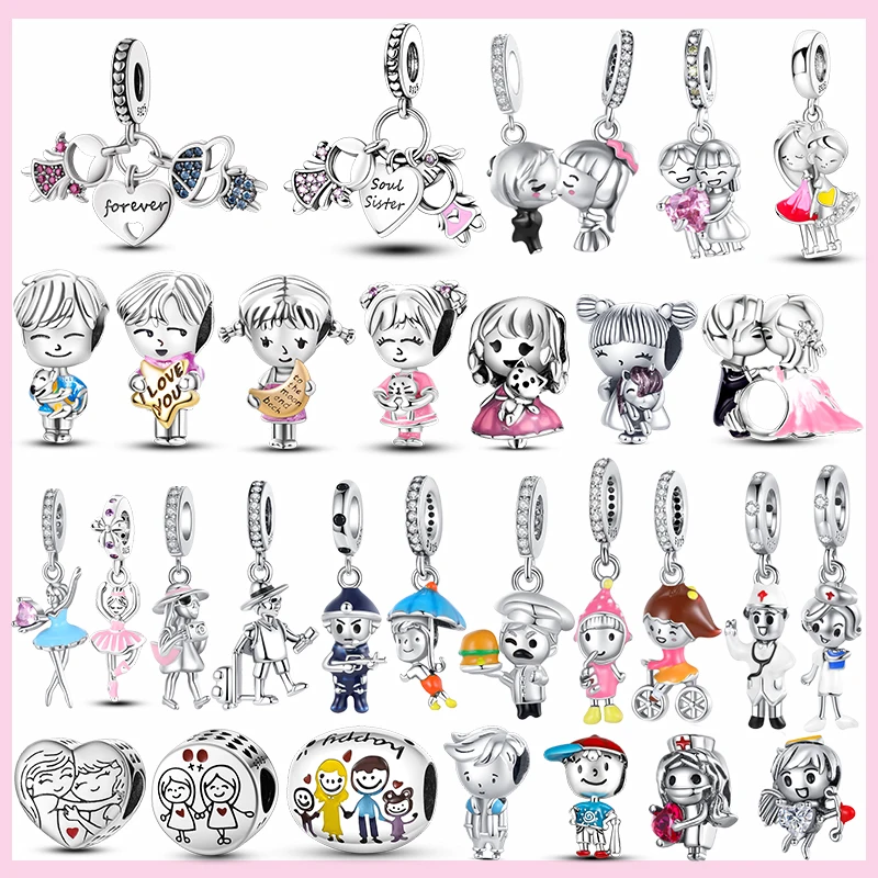 PAMELA 925 Silver Sister Boy Girls Dangle Charm Family Friendship Bead For Original Bracelet Jewelry Pendant Birthday Gift