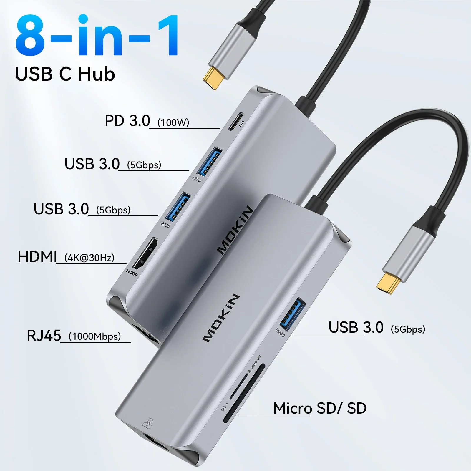 MOKiN 8 in 1 USB C HUB to HDMI Adapter with USB3.0 1000Mbs RJ45 SD/Micro SD PD 100W Fast Charging Hub for MacBook Pro/Air Laptop