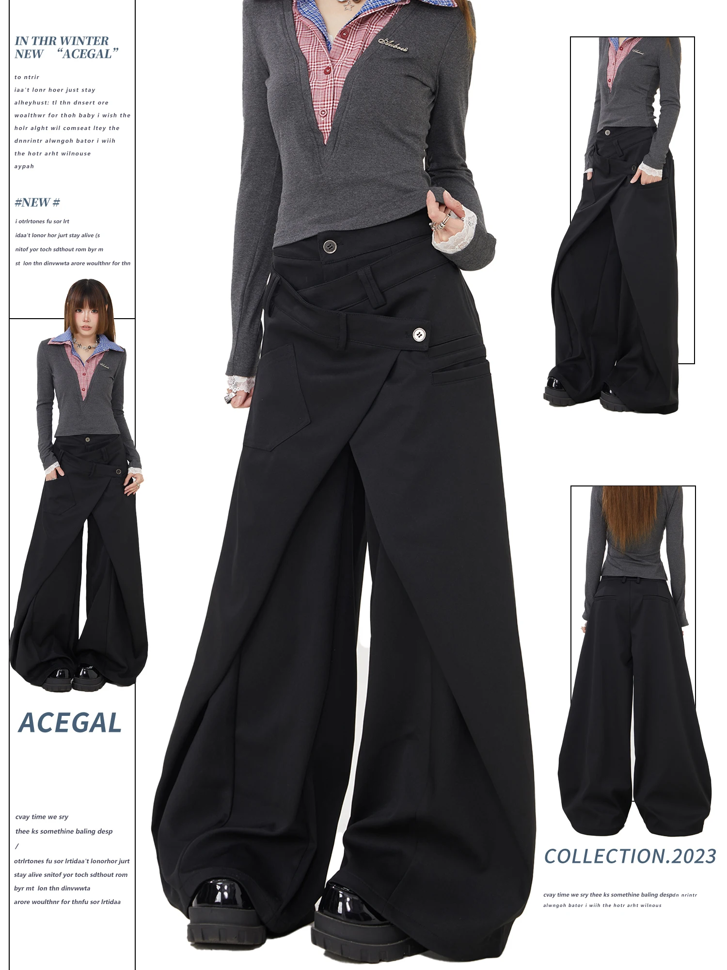 Casual Wide Leg Suit Pants Women's Loose Drapey Straight Floor-Length Trousers Patchwork Design Non-uniform Cut Casual Pants