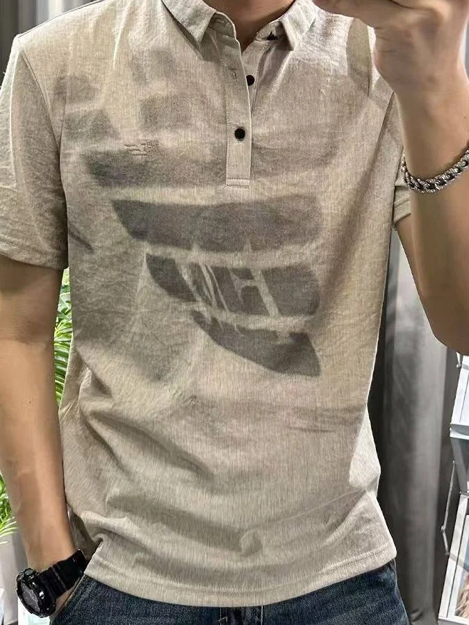 Cotton Linen Short Sleeve  Shirt Men's T-Shirt Youth Thin Fashion Print Collar Half Sleeve Linen Material Casual Men's Wear