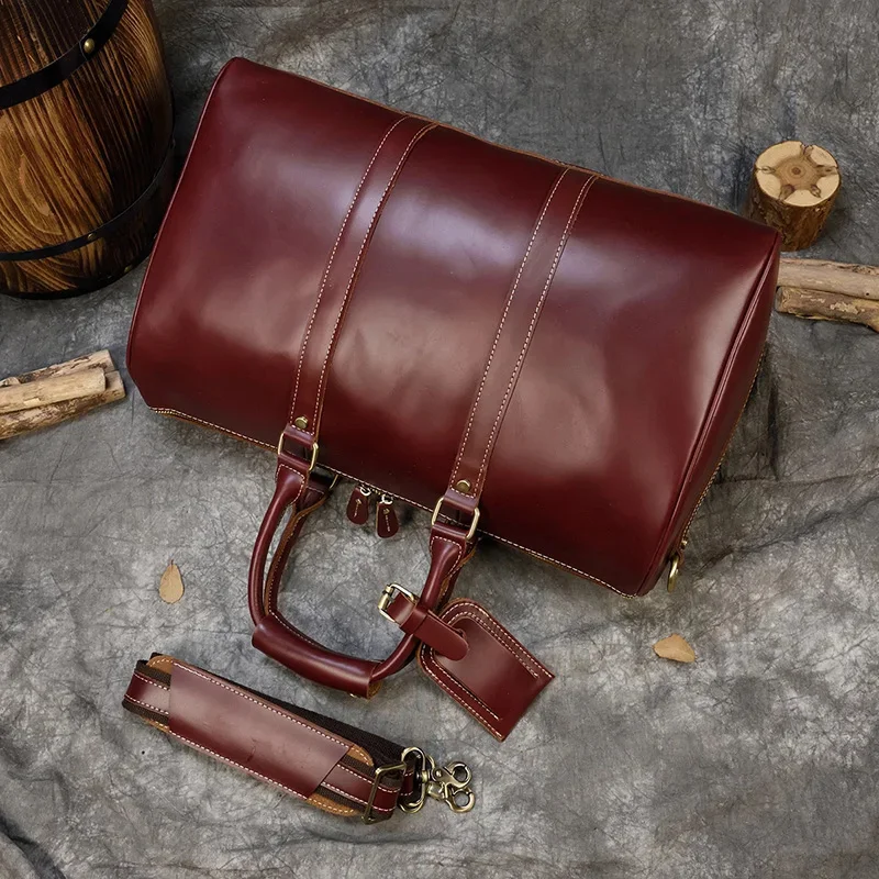 Brand Name Luxury Designer Genuine Leather Mens Travel Bag Wine Red Smooth Natural Cowskin Duffle For Male 2024 Latest Style