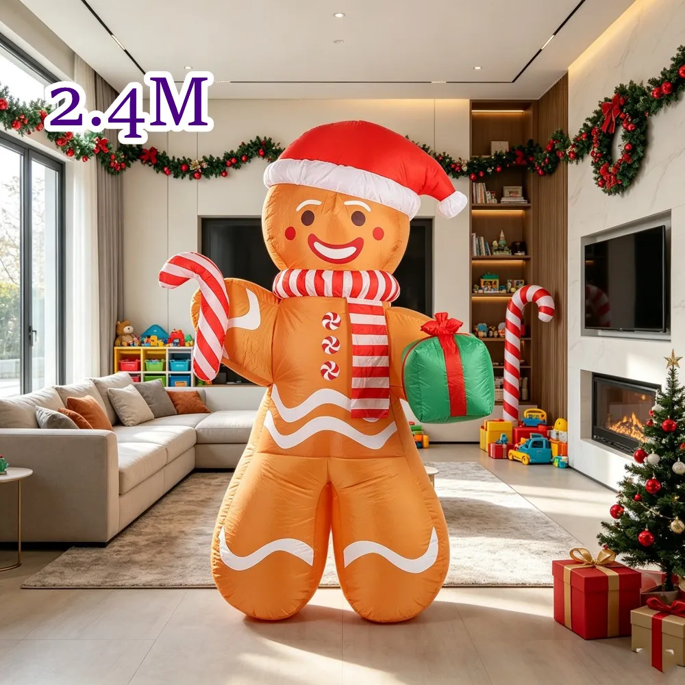 7.9FT Christmas Giant Inflatable Gingerbread Man Hat Scarf Gift Box Built-in LED Lights Suitable ndoor Outdoor Lawn Decoration