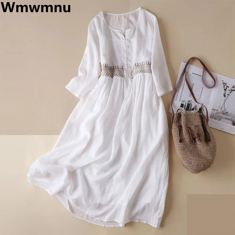 Cotton Linen Embroider Beach Dress Casual A-line Elegant Vintage Loose Dresses Summer 3/4 Sleeve Robe Women New Midi Vestido