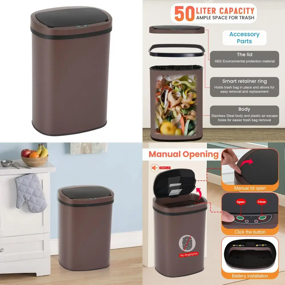 

50 Liter Touch-Free Stainless Steel Automatic Sensor Trash Can with Lid for Kitchen Use
