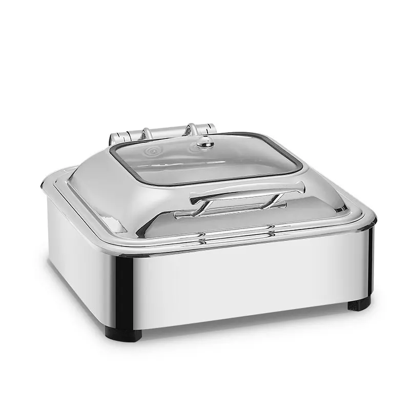 Luxury 6L square hot pot hydraulic glass cover stainless steel buffet server collection multi-style silver gold