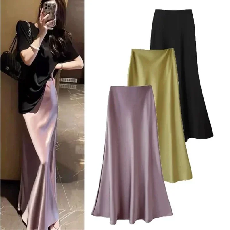 2025 Summer Lady Korean Elegant Satin Fabric Skirts Female Solid High Waisted Mid-Long Dress Women Chic Designer Slim Fit Skirts