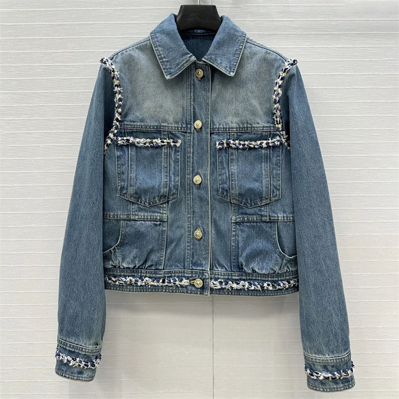

Women jacket New retro pure cotton round neck long sleeved top for summer 2025 Multi pocket decorative denim jacket Women's coat