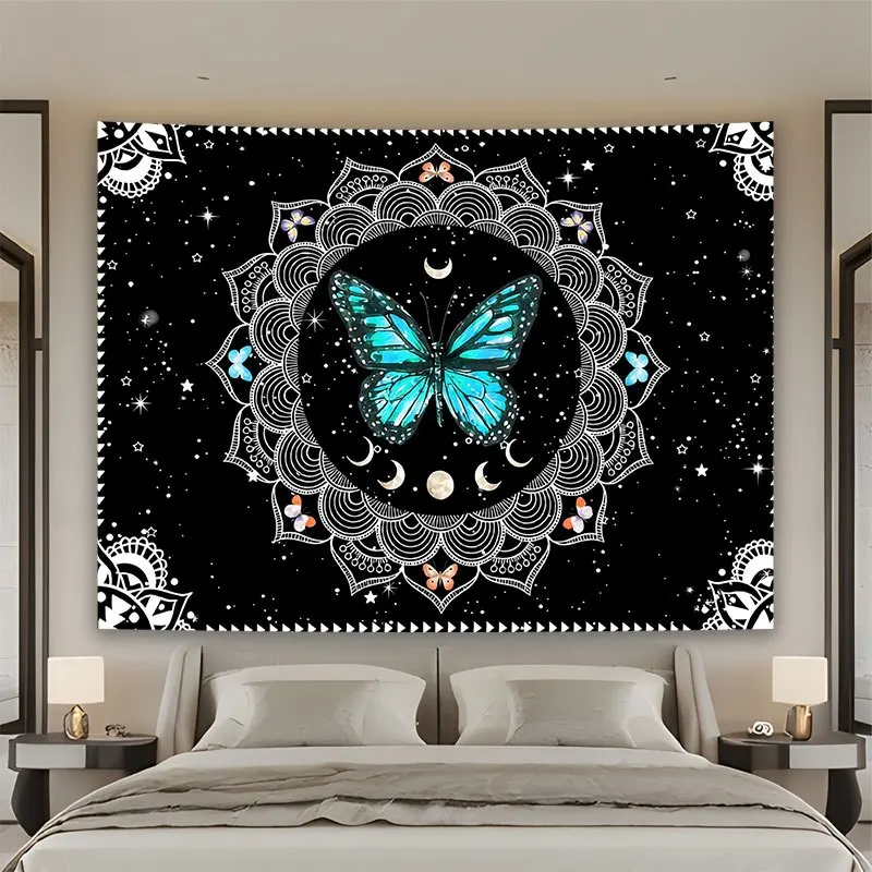 Blue Butterfly Mandala & Starry Moon Tapestry Wall Hanging - Bohemian Decor Suitable for, Bedroom,, Studio - Horizontal Wall wit