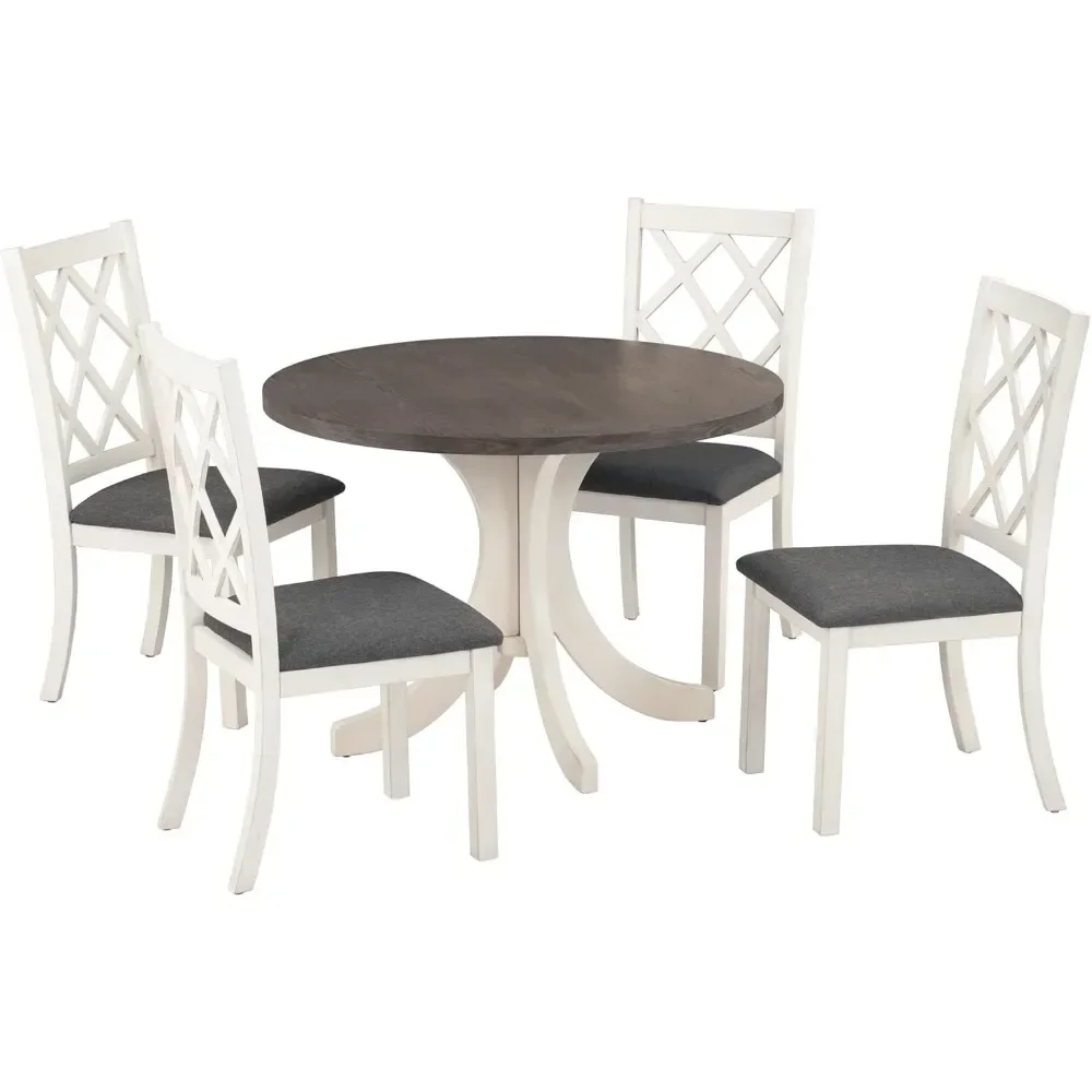 Mid-Century Round Dining Table Set for 4,Round Kitchen Table with Cross Legs and 4 Upholstered Chairs for 4 Persons