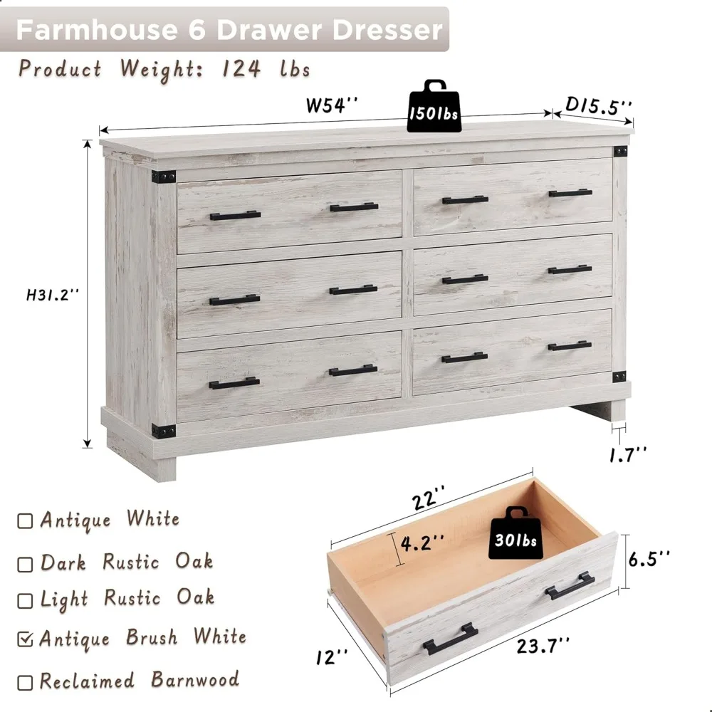 T4TREAM Farmhouse 6 Drawers Dresser for Bedroom, 54 Wide Wood Chest of Drawers w/Natural Texture & Metal Handle, Rustic Storage