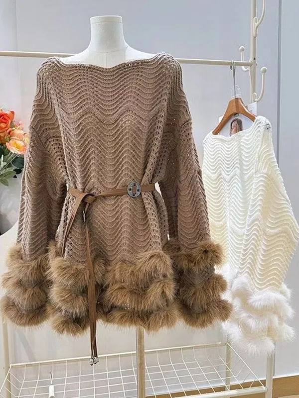 

Soft Fluffy Splicing Hollow out Knitwear Women's Loose Slimming Autumn High-End Feeling Medium-Length Sweater Commute Sle
