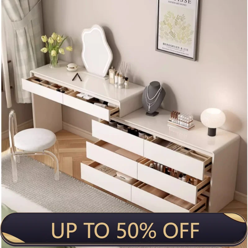 Modern Makeup Vanity Desk With Mirror And Light Luxury Dressing Vanity Table With 6 Drawers LED Touch Sensor Mirror, Soft Stool