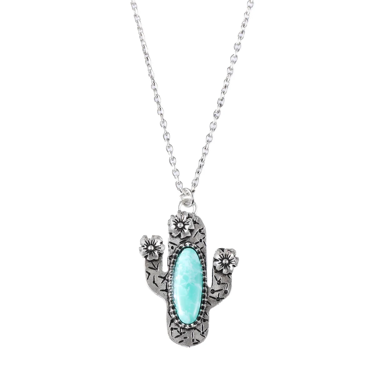 3.8*2.5cmWestern Saguaro Cactus Pendant Necklace for Women Turquoise Saguaro TURQUOISE CACTUS SILVERTONE NECKLACE Bohemian Style image 6