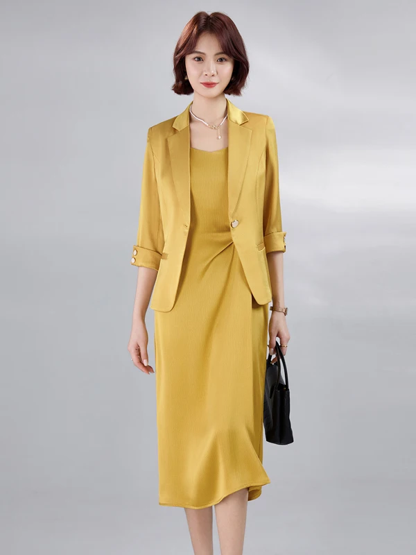 Golden Yellow Women's Suit Jacket 2026 New Spring Fashion Slimming Seven-Quarter Sleeve Suit Dress Set Commute Style Polyeste...