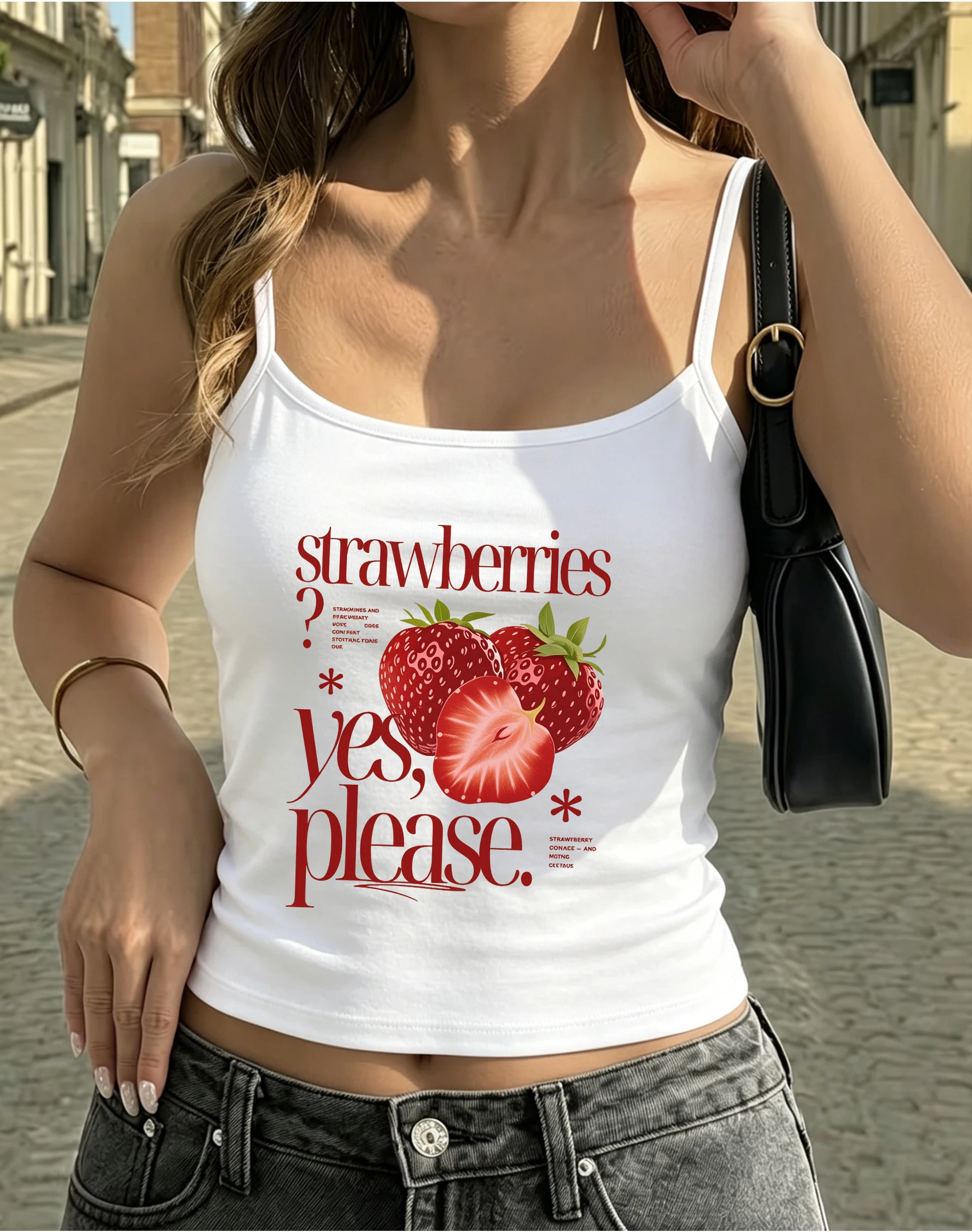 Strawberries Yes Please Camisole Fruit Graphic Crop Top Women Summer Sleeveless Spaghetti Strap Tank Tops Casual Vest Street