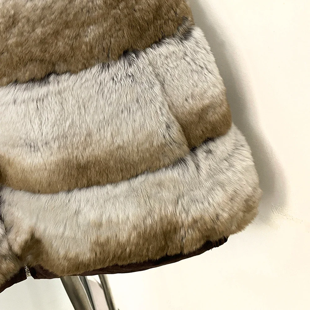 OFTBUY Knit Collar Zip Up Two Sides Wear Fur Waist Coat Women Reversible Real Rabbit Fur Vest New Winter Fur Clothing Female