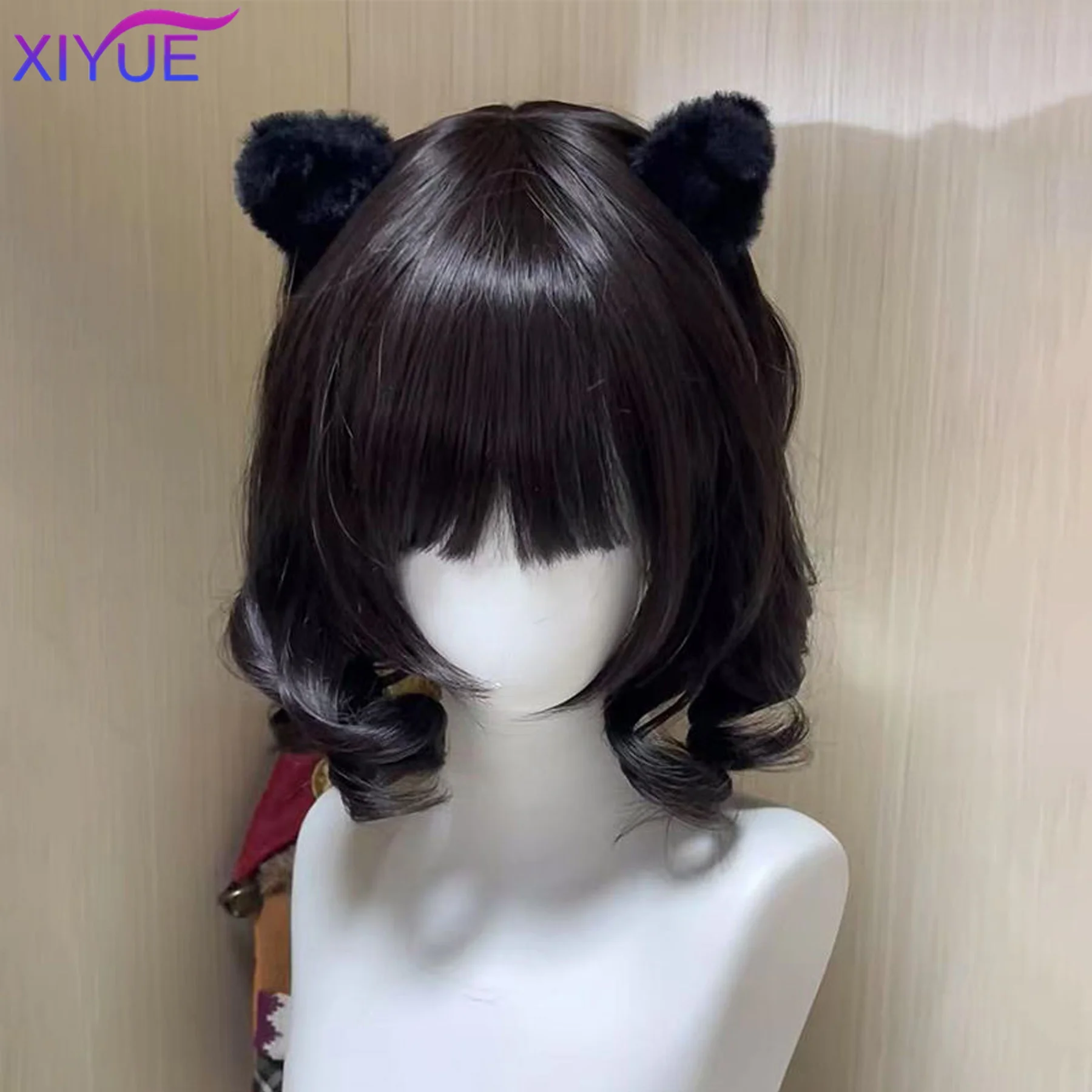 Parrucca sintetica corta riccia con doppia coda di cavallo Frangia Cosplay Lolita Party Chic Girls Princess Marrone Nero Capelli corti resistenti al calore