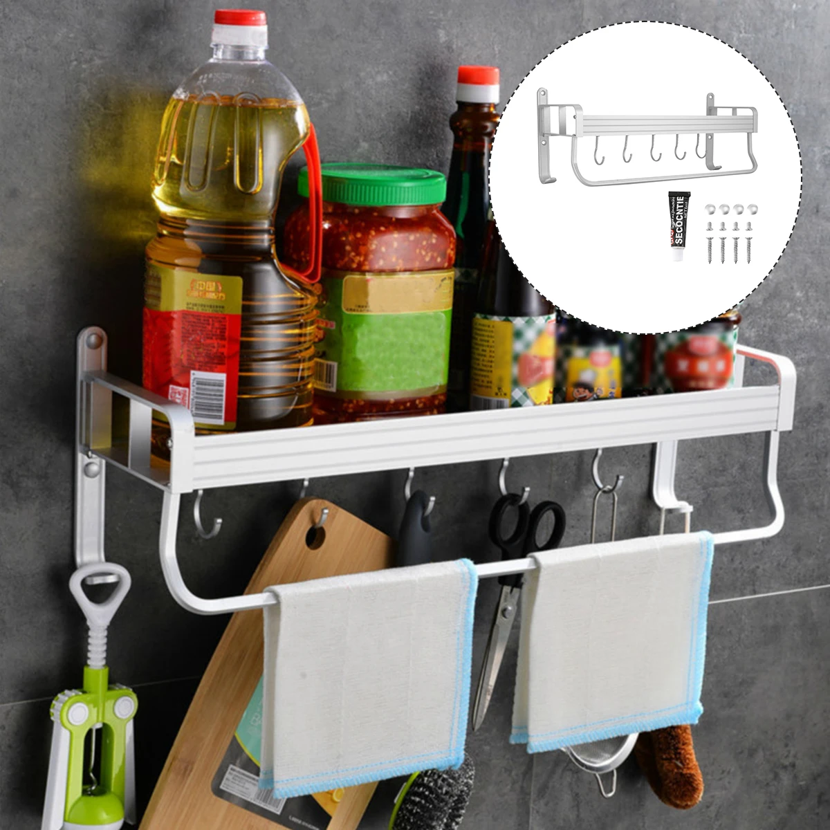 

Wall-Mounted Aluminium Cookware Rack 5 Hooks Space-Saving Kitchen Storage Organizer For Utensils Knives Spices Bathroom