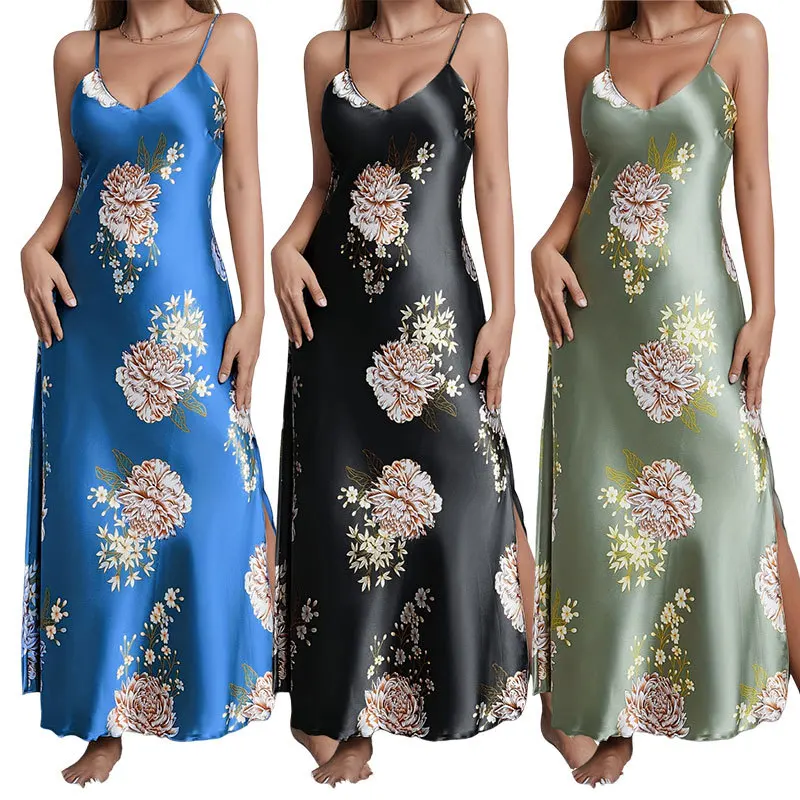Elegant Sexy V-Neck Floral Print Silky Comfort Smooth Women Slip Nightgowns Sleep Dresses For Summer Loungewear Sleepwear Pjs