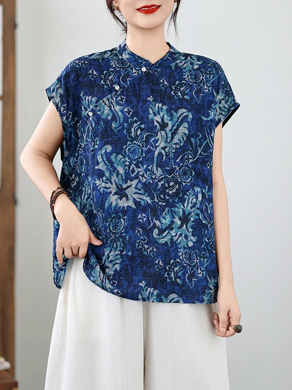 Gaun Kerja Wanita Model Kerah Tegak, Bahan Porselen Biru Putih Musim Panas, Gaya Cina Modern, Slim Fit, Serbaguna, Elegan, Cocok untuk Kerja...