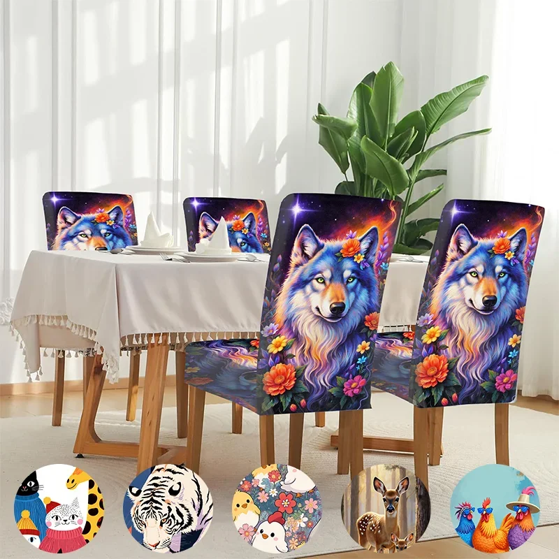 Elastic dining chair cover, dreamy starry sky wolf head, colorful flowers embellished with cosmic theme, home dining chair cover