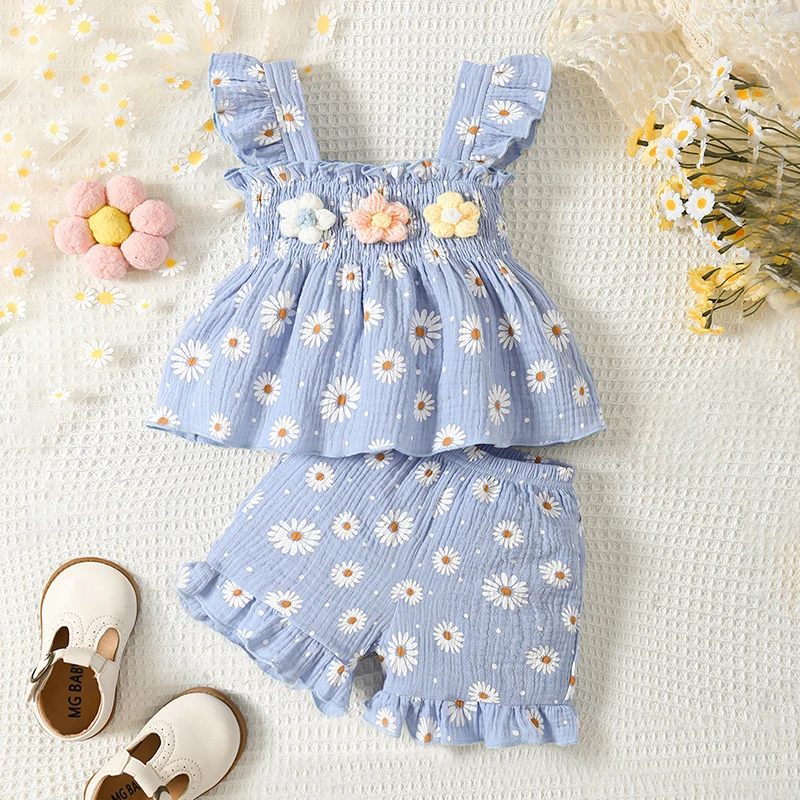 2Pcs Baby Girl Summer Outfits Ruffle Sleeveless Daisy Print Tank Tops Shorts Set Newborn Clothes