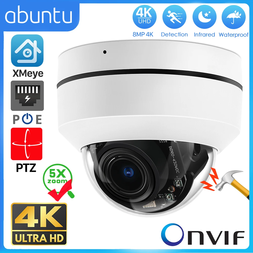 8MP 4K PTZ PoE IP Camera Onvif 5X Optional Zoom 2.8-12mm Wide Angle CCTV Security Camera Metal Night Vision Surveillance Camera