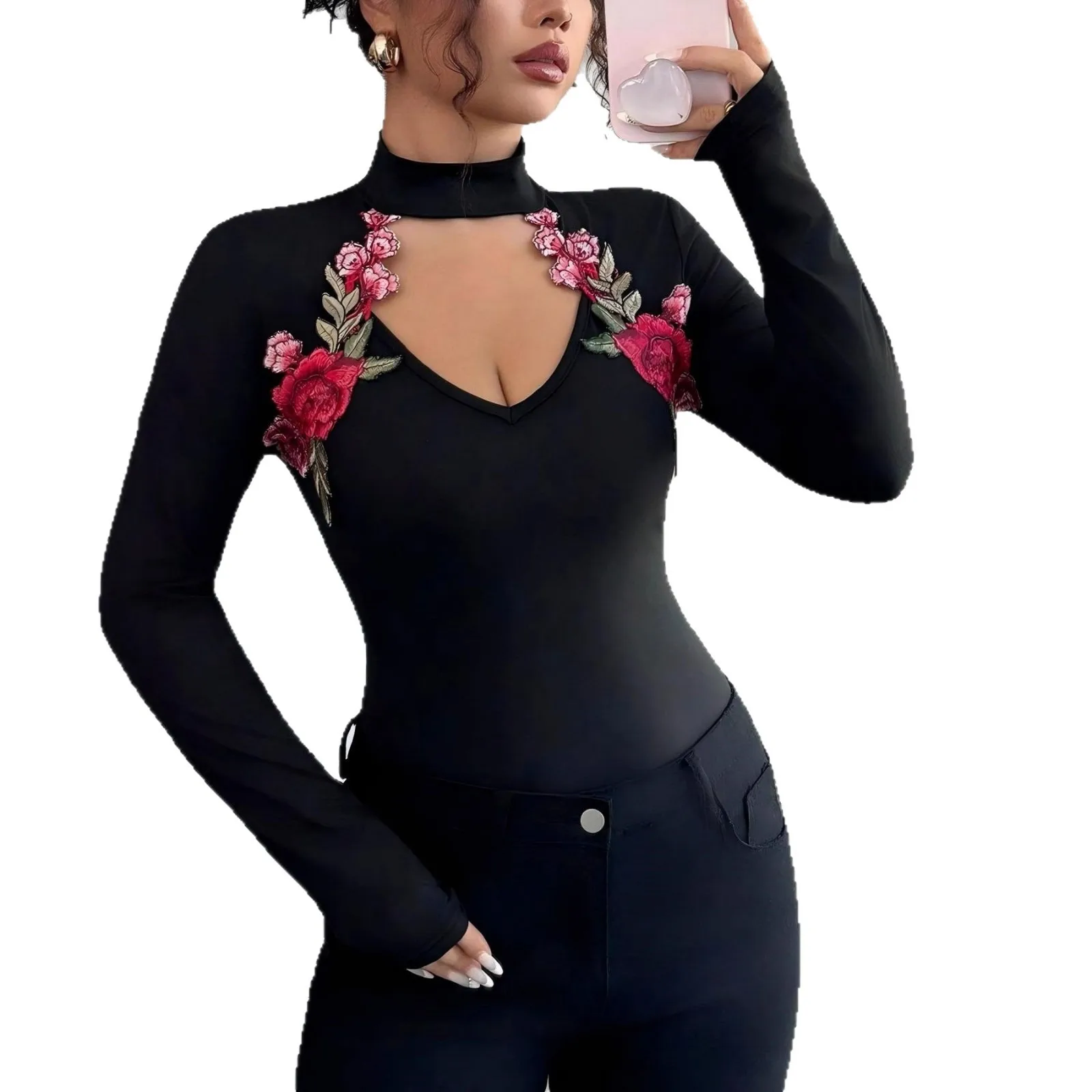 2025 New Long Sleeve Women's T-Shirt Clothes Woman Clothing  V-neck Hollow-out Patchwork Fashion Slim Fit T-shirt Top for Women