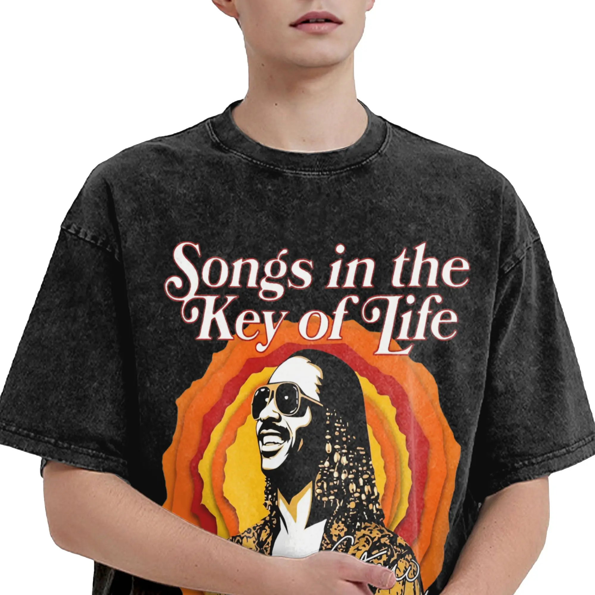 Harajuku Washed Shirts Stevie Wonder Songs in The Key of Life 50th Anniversary Tour  Merch Fashion T Shirt Oversize  Streetwear