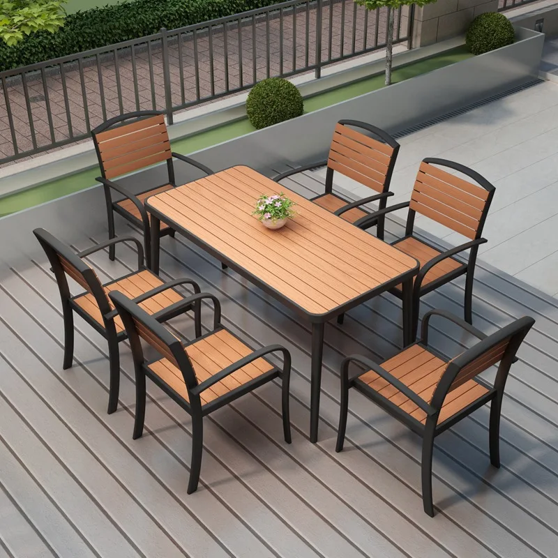 Outdoor dining table and chairs, outdoor park plastic wood iron dining table balcony leisure negotiation table