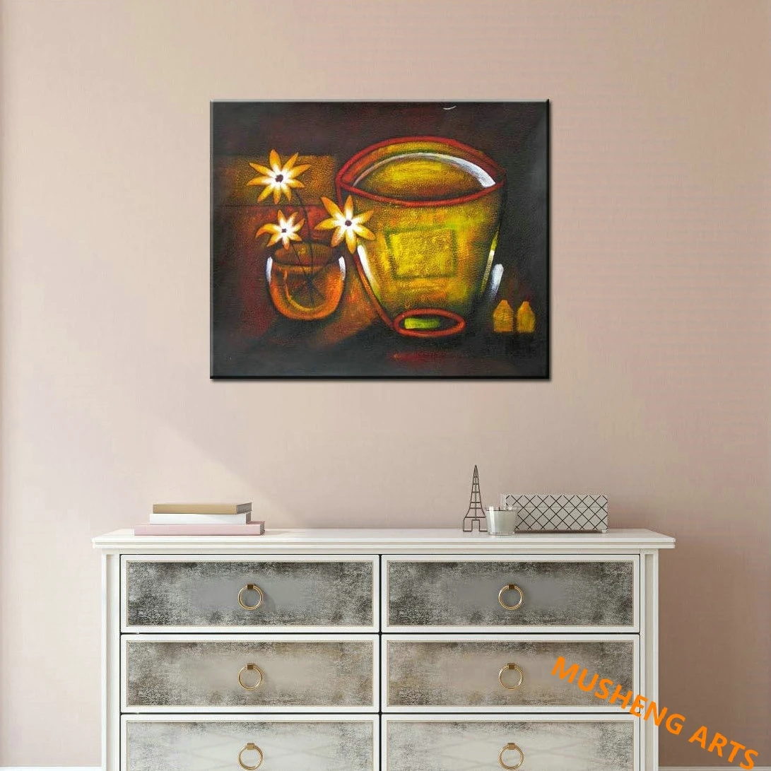 

Hand Painted Modern Oil Painting Abstract Flower and Bottle Paintings Small Size Wall Art Handmade on Canvas Mural Picture