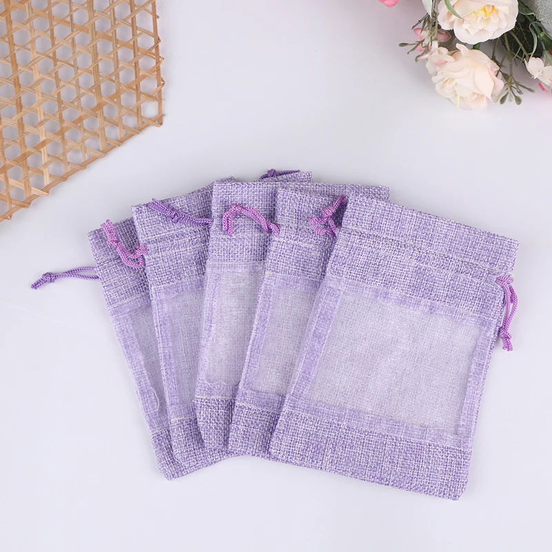 5Pcs Burlap Gift Drawstring Empty Bags With Transparent Organza Window Christmas Wedding Favors Party Jewelry Pouches