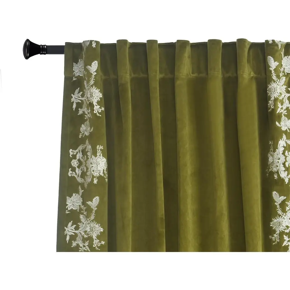 Elegant Olive Green Velvet Curtains with White Floral Embroidery, 52 Wide x 96 Long, Set of 2 for Home Decor