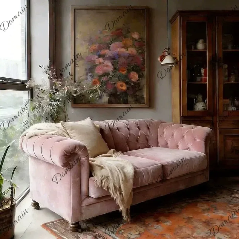 ZL American Feather Sofa Straight Row Tufted French Vintage Purple Velvet Fabric Hotel Photo Prop