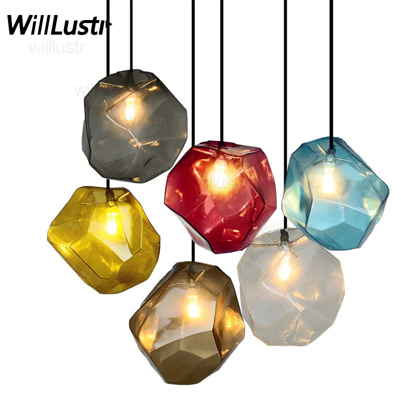 

Modern Stone Glass Pendant Light Color Ice Suspension Lamp Blue Yellow Purple Smoke Amber Hotel Cafe Bar Kitchen Hanging Lights