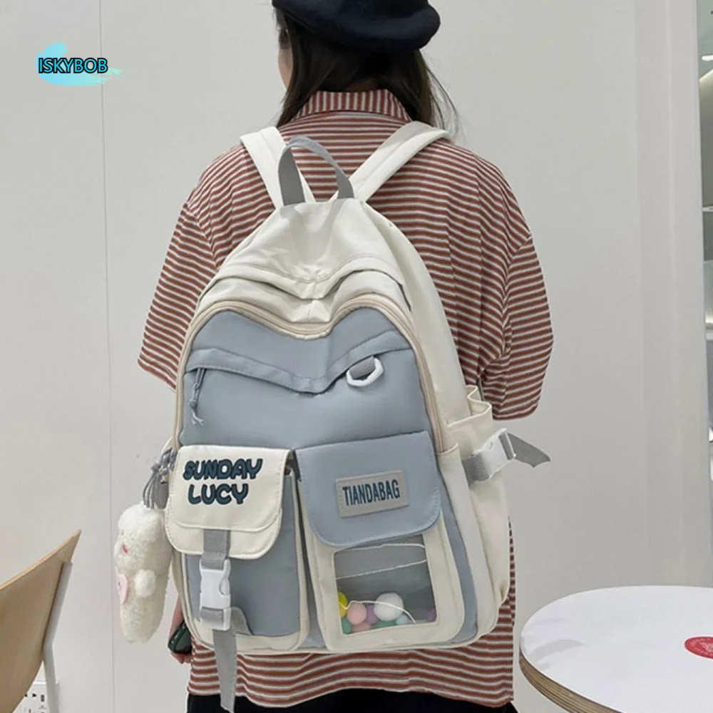 

Nylon Large Capacity Backpack Canvas Double Zipper Korean Style School Bag Commute with Bear Pendant Casual Knapsack Girls