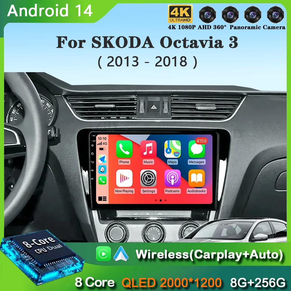 

Android 14 Carplay Auto для Volkswagen SKODA Octavia 3 A7 2013-2018 2 Din Автомобильный мультимедийный стереоплеер GPS-навигация Wi-Fi FM