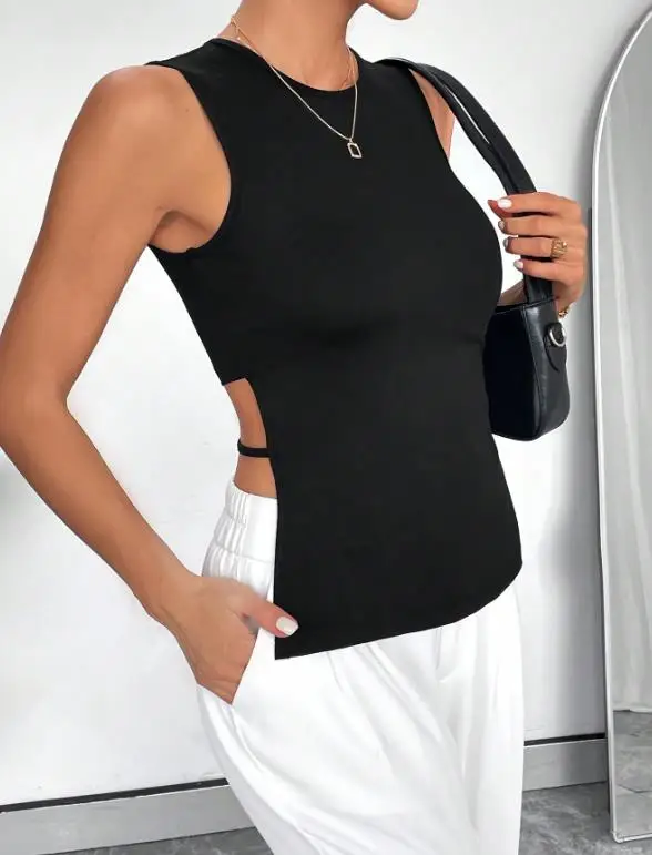 

Trendy Women's Vest 2026 Summer Fashion Personality Hollow Waist Design Asymmetrical Sleeveless Vest Suitable for Parties