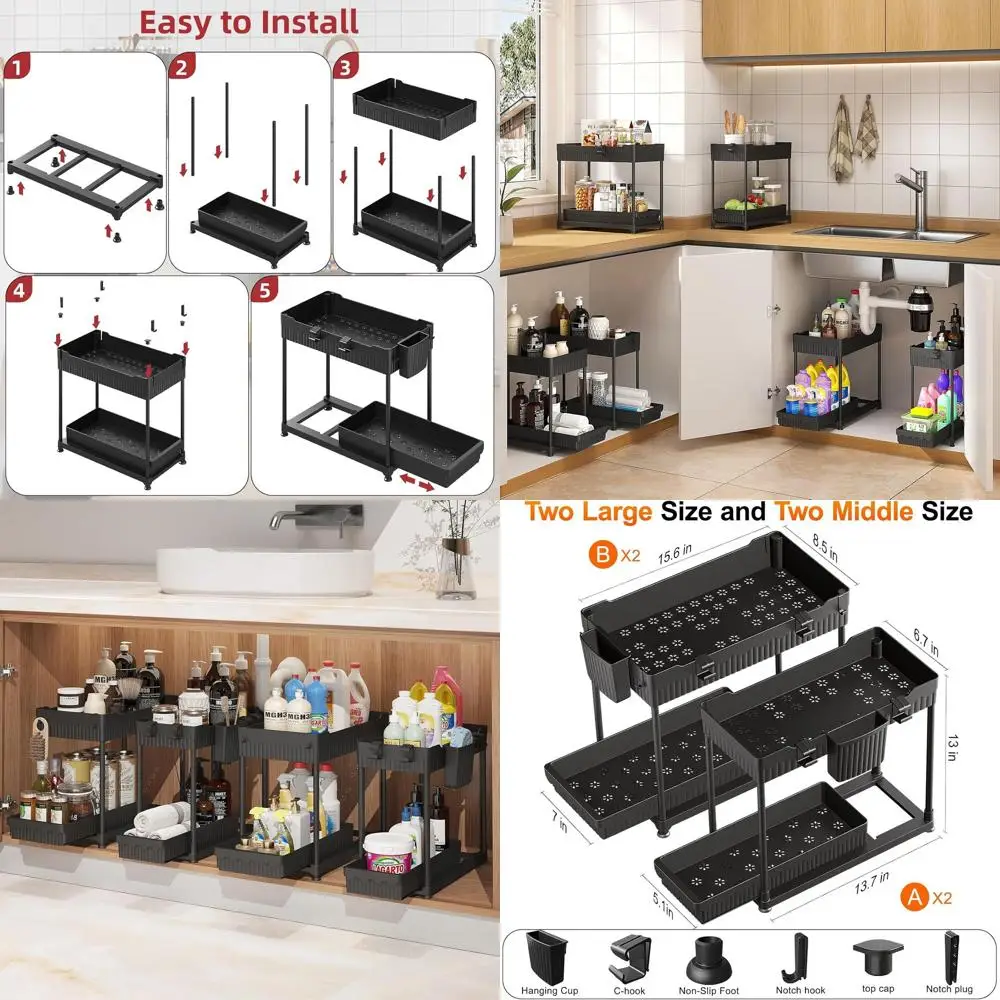 

4-Piece Sink Storage Organizer, Dual-Tier Bathroom Cabinet with Hooks & Cups (Black)