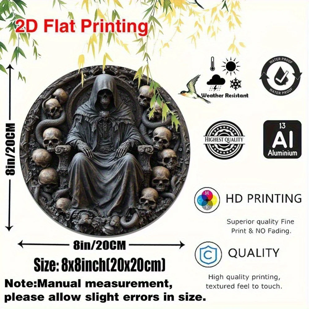 2D Flat, 2D Flat - Grim Reaper Aluminum Wall Art - 8x8 Inch Vintage Round Sign with Skull and Roses, Ideal for Kitchen, Home Off