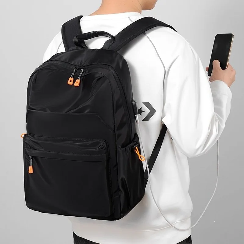 Men's Black Nylon Backpack Lightweight Commuter Rucksack Travel Daypack with Orange Zipper and Front Pocket