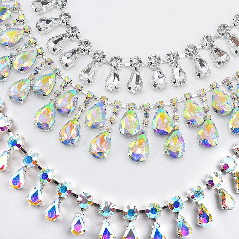 

1 yard silver AB/ White rhinestone tassel Acrylic crystal Drop pendant chain curtain skirt shoe bag Garment decoration sewing