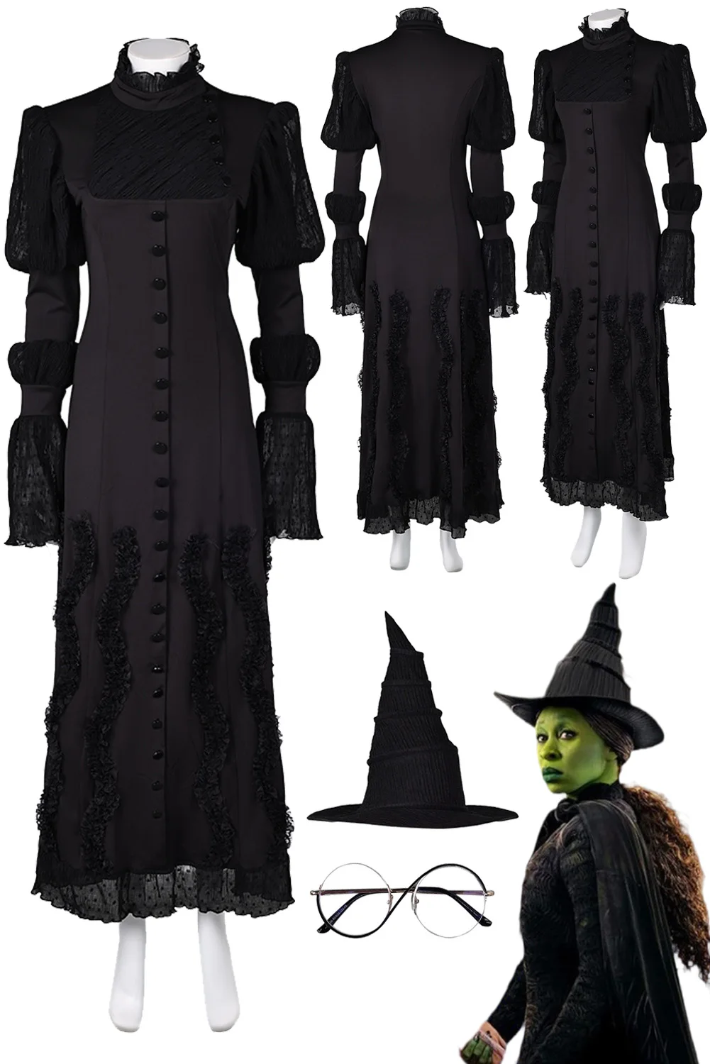 Elphaba Cosplay Witch Dress Hat Eyeglasses Movie Wicked Roleplay Costume Female Suit Outfits Halloween Carnival Party Clothing