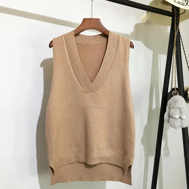 2024 Fashion New Sleeveless Loose Solid Color Women Vest Sweater V-neck Knitted Pullover Top Casual Elegant Knitwear