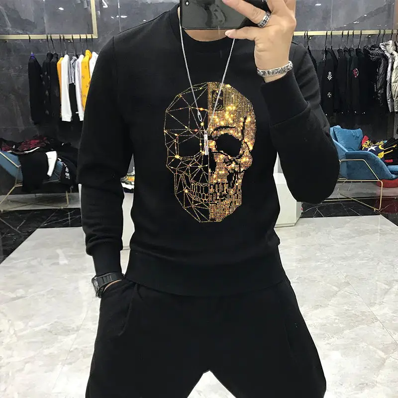 2021 Autumn And Winter Fashion Pure Cotton Warm O-Neck Men\'s Hoodie Diamond Skull Hoody Sweatshirt Casual Top M-5XL