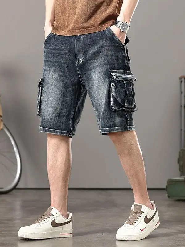 Retro workwear masculino verão denim orts perna reta motocicleta equitação grande ket fino ajuste calças de cinco quartos juventude faion
