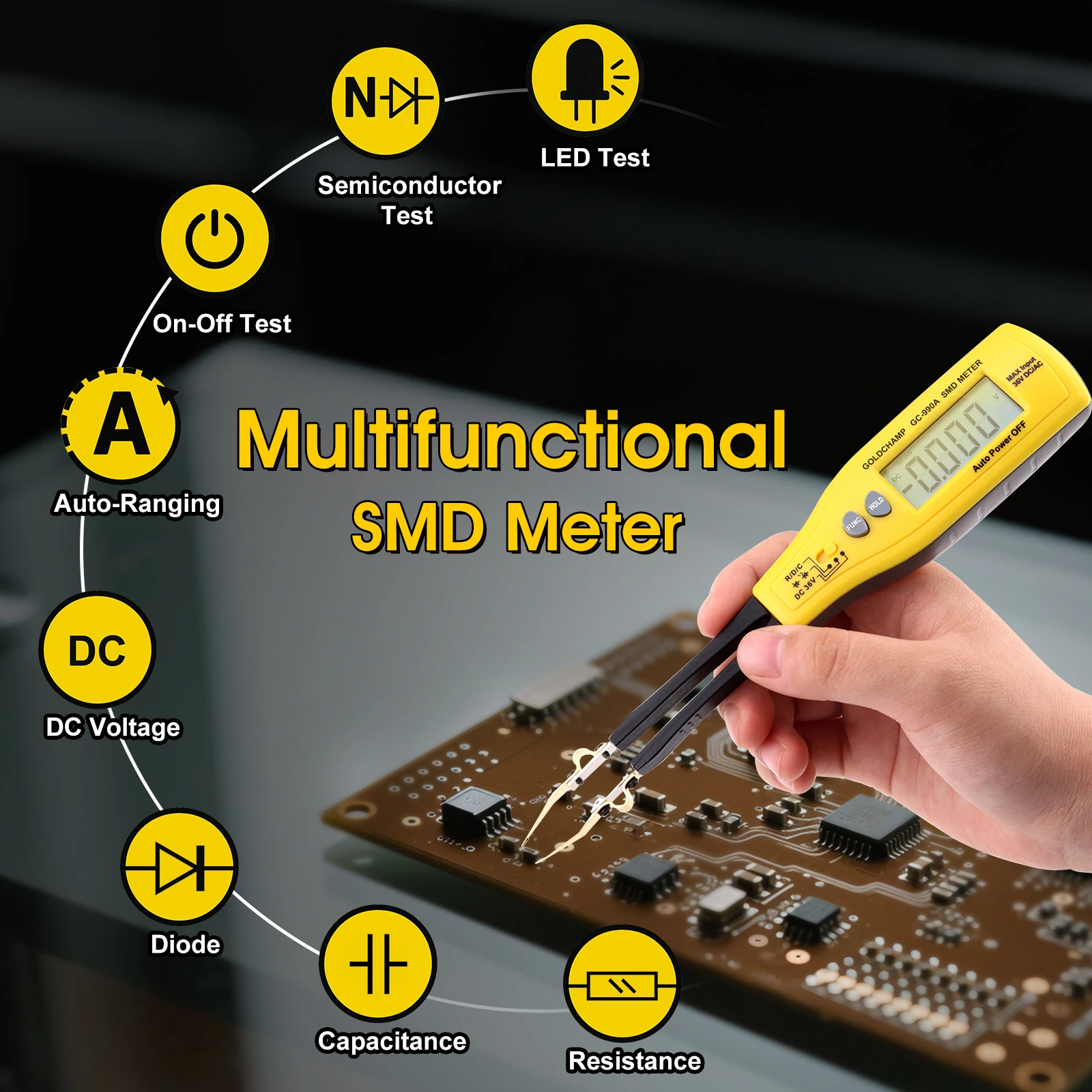 Digital Auto-Recognition Multimeter, SMD Portability Tester Tool, For Resistors Capacitors Diodes, LED & DC Voltage Up To 36V