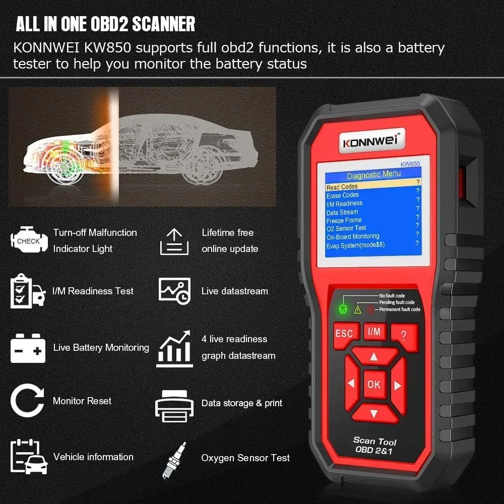 KONNWEI KW850 Professional OBD2 Scanner Auto Code Reader Diagnostic Check Engine Light Scan Tool