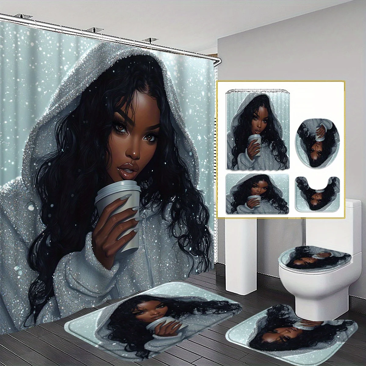 

4 шт., зимняя модная занавеска для ванной с капюшоном и рисунком девушки, занавеска для ванной комнаты, декоративная занавеска для ванной комнаты, напольный коврик