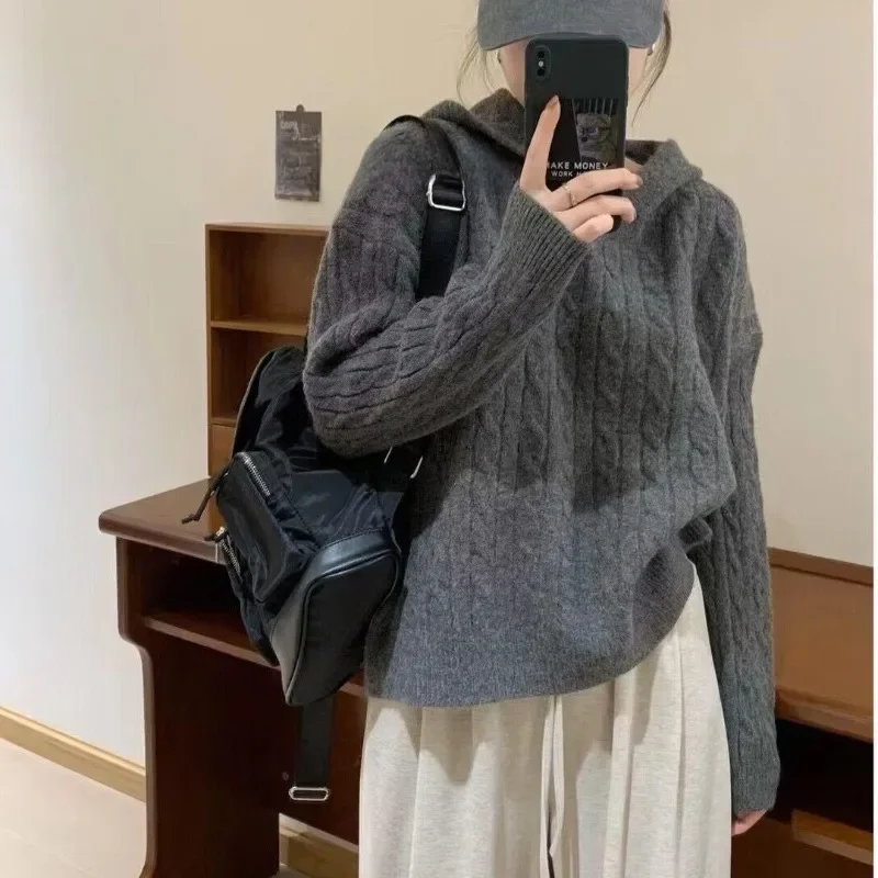 

Hooded Sweater Women Autumn Winter 2024 New Vintage Long Sleeve Solid Pullover Casual Thicken Knitted Solid Jumpers LJ95